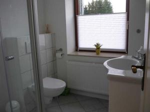 La salle de bains est pourvue de toilettes, d'un lavabo et d'une fenêtre. dans l'établissement Ferienwohnung Oehlert, à Großsolt