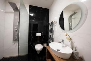 a bathroom with a sink and a toilet and a mirror at Hotel DSZSU in Trenčianske Teplice +27 photos