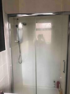 a shower with a glass door in a bathroom at Mac studio : private room, en-suite & own access in Belfast
