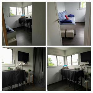 four pictures of a room with a bed and a table at TY SAM Belle maison moderne 3 ch proche plages et commerces in Trébeurden +17 photos