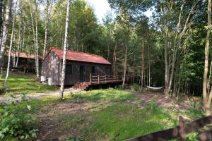 a cabin in the woods with a wooden bridge at Hytte Narie 3 in Bogaczewo