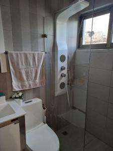 y baño con ducha, aseo y lavamanos. en Brickell Hotel apto g 08 Santo Domingo Bella Vista, en Santo Domingo
