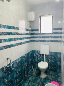 a bathroom with a toilet and blue and white tiles at RJ Villa farmhouse in Daman