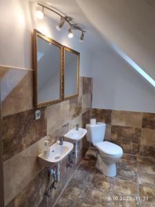 a bathroom with a toilet and two sinks and a mirror at Rodar in Boguszów-Gorce