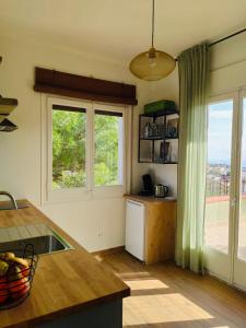 - une cuisine avec un évier, 2 fenêtres et un comptoir dans l'établissement Cozy place, big roof terrace & spectacular views., à Cabrils