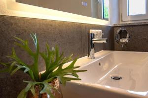 a bathroom sink with a plant sitting next to it at Dahoam bei Weber’s in Ascha +26 photos