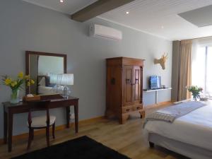 1 dormitorio con cama, escritorio y espejo en Balfour Place Guesthouse, en Ciudad del Cabo