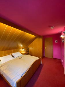 a bedroom with a large bed with a purple ceiling at Honolulu Hotel in Bregenz