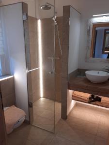 une salle de bain avec une douche en verre et un lavabo dans l'établissement Hochalmbahnen Chalets Rauris 1-15 WE2, Maislaufeldweg 1o OG, à Rauris 4 autres photos