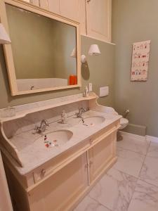 W łazience znajduje się umywalka i lustro. w obiekcie Maison Zola w mieście Saint-Amand-Montrond
