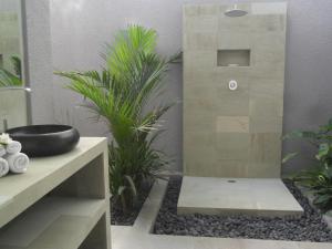 y baño con ducha y algunas plantas. en Ju'Blu Hotel, en Lovina
