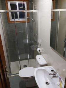 y baño con ducha, aseo y lavamanos. en Apartamento con terraza y vistas al mar, en Bueu