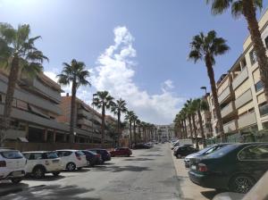 una strada con palme e auto parcheggiate sulla strada di La Colina - Playamar Apartamento a Torremolinos
