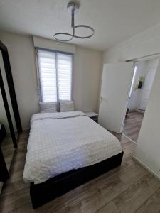een slaapkamer met een groot bed en een wit dekbed bij Plein centre Appartement climatisé et spacieux avec grande terrasse sur le toit à Nice in Nice