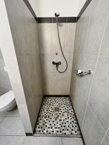 a bathroom with a shower with a tiled floor at Aparthotel Neudörfl in Neudörfl