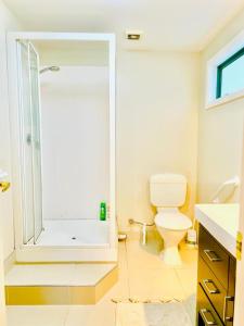 ein Bad mit einer Dusche und einem WC. in der Unterkunft Private studio Auckland Self Checkin and 2 Parking Netflix Prime in Auckland
