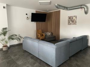 a living room with a couch and a tv at Apartamenty i Pokoje DIMAN in Mrągowo