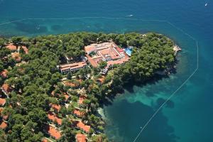 an aerial view of a house on a island in the water at Apartments Galijot Plava Laguna in Poreč