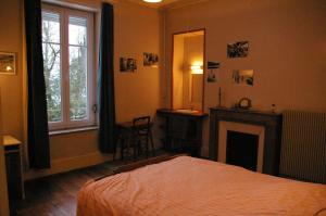 um quarto com uma cama, uma lareira e uma janela em La Folia - Ferme de Lucqy 