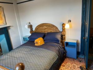 un perro naranja acostado en una cama en un dormitorio en Kilda House en Leverburgh