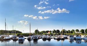 Un montón de barcos están atracados en un puerto en B&B Huiskamer van Vollenhove, en Vollenhove