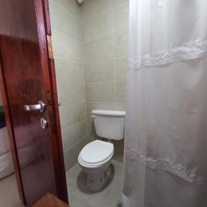 uma pequena casa de banho com WC e chuveiro em Lo de Lidia em Olavarría