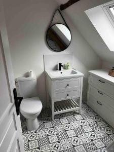 La salle de bains est pourvue de toilettes blanches et d'un miroir. dans l'établissement Petite grange de charme à Miers, à Miers