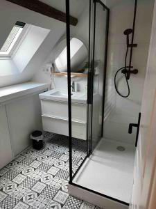 La petite salle de bains est pourvue d'une douche et d'un lavabo. dans l'établissement Petite grange de charme à Miers, à Miers
