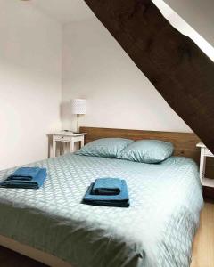 - une chambre avec un lit et des serviettes bleues dans l'établissement Petite grange de charme à Miers, à Miers