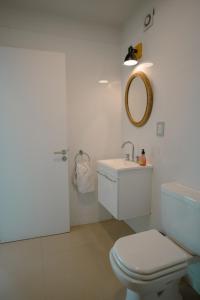La salle de bains est pourvue de toilettes, d'un lavabo et d'un miroir. dans l'établissement Departamento con vista a las montañas + garage, à Salta