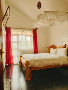 1 dormitorio con 1 cama grande y cortina roja en Merinja Guest House, en Naivasha