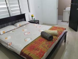 Single Room with Shared Kitchen and Living Room في سوفا: سرير كبير في غرفة مع سيد سرير كبير