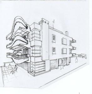 un dibujo de un edificio con gente caminando alrededor de él en Isla Studios, en Neoi Poroi