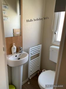 a bathroom with a sink and a toilet and a mirror at Coastfields 3 bed 8 berth holiday home in Ingoldmells