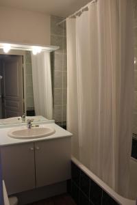 een badkamer met een wastafel en een douchegordijn bij travelski home select - Résidence Les Hauts de Valmeinier 4 stars in Valmeinier