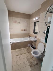ein Badezimmer mit einer Badewanne, einem WC und einem Waschbecken in der Unterkunft Casa Brianna in Braşov