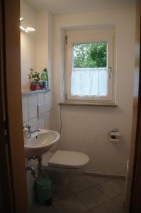 a bathroom with a sink and a toilet and a window at Ferienwohnung Loretta in Hergatz