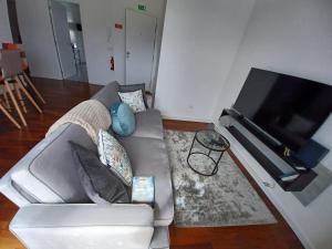 uma sala de estar com um sofá e uma televisão de ecrã plano em Apartamento Oliveira no Funchal