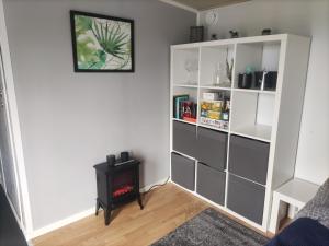 a living room with a book shelf and a stove at Linus och Lottas Frigga in Hällingsjö