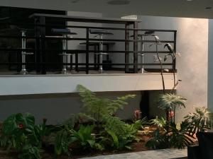 Habitación con balcón con sillas y plantas. en Apartahotel La Arboleda HC en Manizales