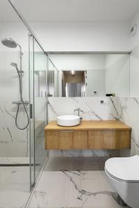 a bathroom with a sink and a toilet and a shower at Apartament Widokowy - Penthouse z tarasem in Kudowa-Zdrój