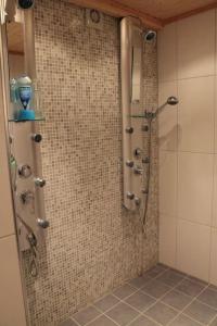 a shower in a bathroom with a tiled wall at Kelo Aurora luxury cabin in Kilpisjärvi