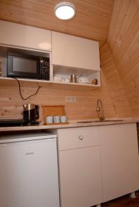 eine Küche mit einer Mikrowelle und einem Herd in der Unterkunft Glamping Village in Sarpi