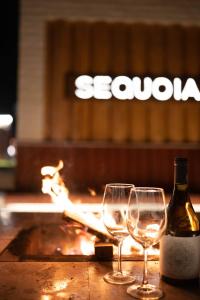 two wine glasses and a bottle on a table with a fire at Roots Villa Sequoia in Braşov