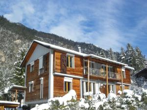 ein Blockhaus im Schnee mit einem Berg in der Unterkunft Apartmentshaus Dual -1 in Presseggersee