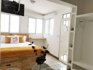 a bedroom with a large bed with windows at Precioso Apartamento D in Guatemala