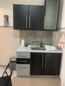 a kitchen with a sink and black cabinets at Petra's house in Florina +26 photos