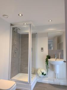 a bathroom with a shower and a sink at Duplex 2-bedroom apartment in Liverpool centre in Liverpool