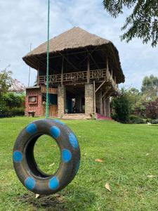 a tire swing in front of a building at Kalitusi Nature Resort in Fort Portal
