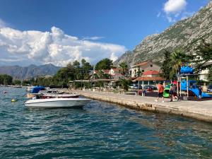 a white boat in the water next to a dock at Mystras Apartments in Kotor